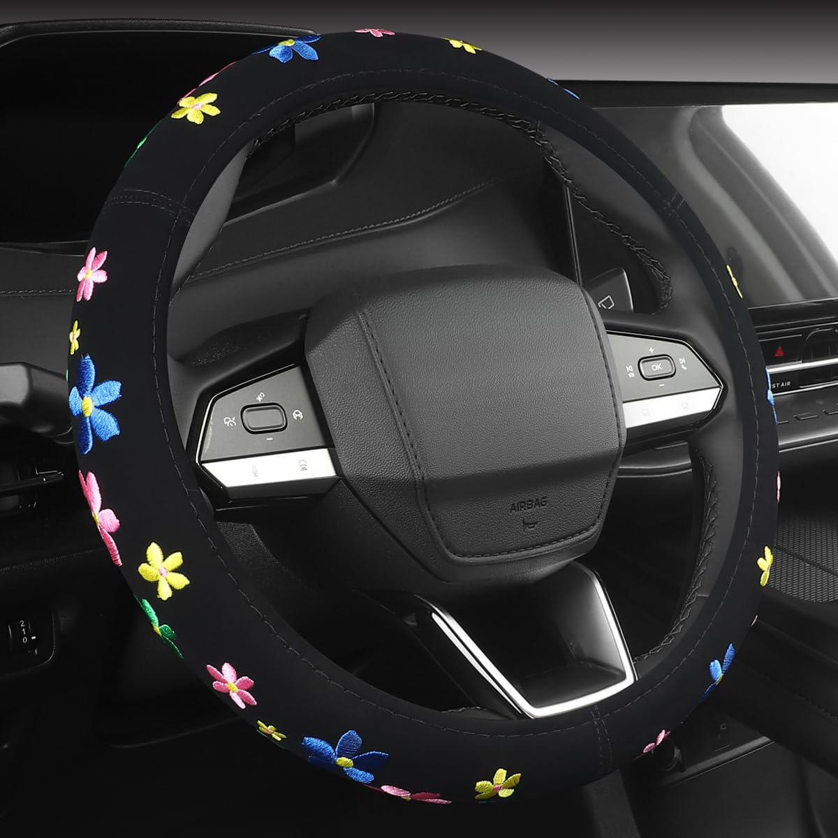 Embroidery Cute Steering Wheel Cover-Deluxe Floral Car Decor,Anti-Slip,Sweat Absorption,Universal 15 Inch (Floral1)
