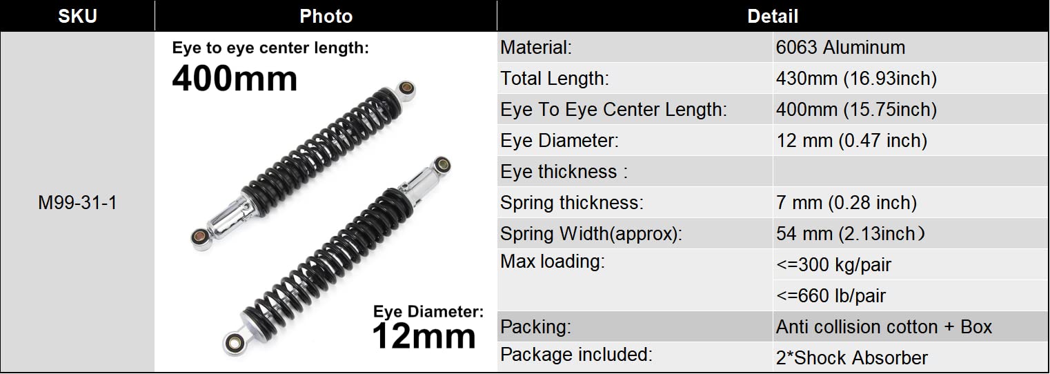 Hegeiis 400mm 15.75 inch 7mm Spring Universal Motorcycle Shock Absorber Rear Suspension ATV Quad Scooter Dirt Bike For XL185 XL1