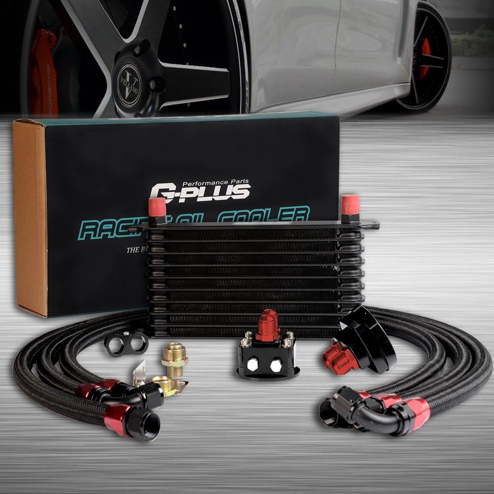 G-PLUS 10 Row AN10 Black Universal Engine Transmission Oil Cooler Kit Oil Filter Relocation Kit