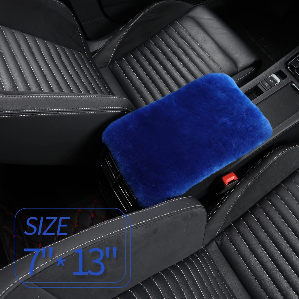 Iriwool Sheepskin Armrest Cover Auto Center Armrest Cover Car Soft Console Pad, Fluffy Wool Auto Center Console Cover For Most Car Arm Rest Decoration Protector 7 X 13 Inch (Shearling, Blue)