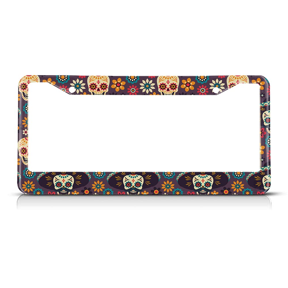 Beabes Sugar Skull And Flowers License Plate Frame Dead Skull Novelty License Plate Frame Gothic Pattern License Plate Car Tag H