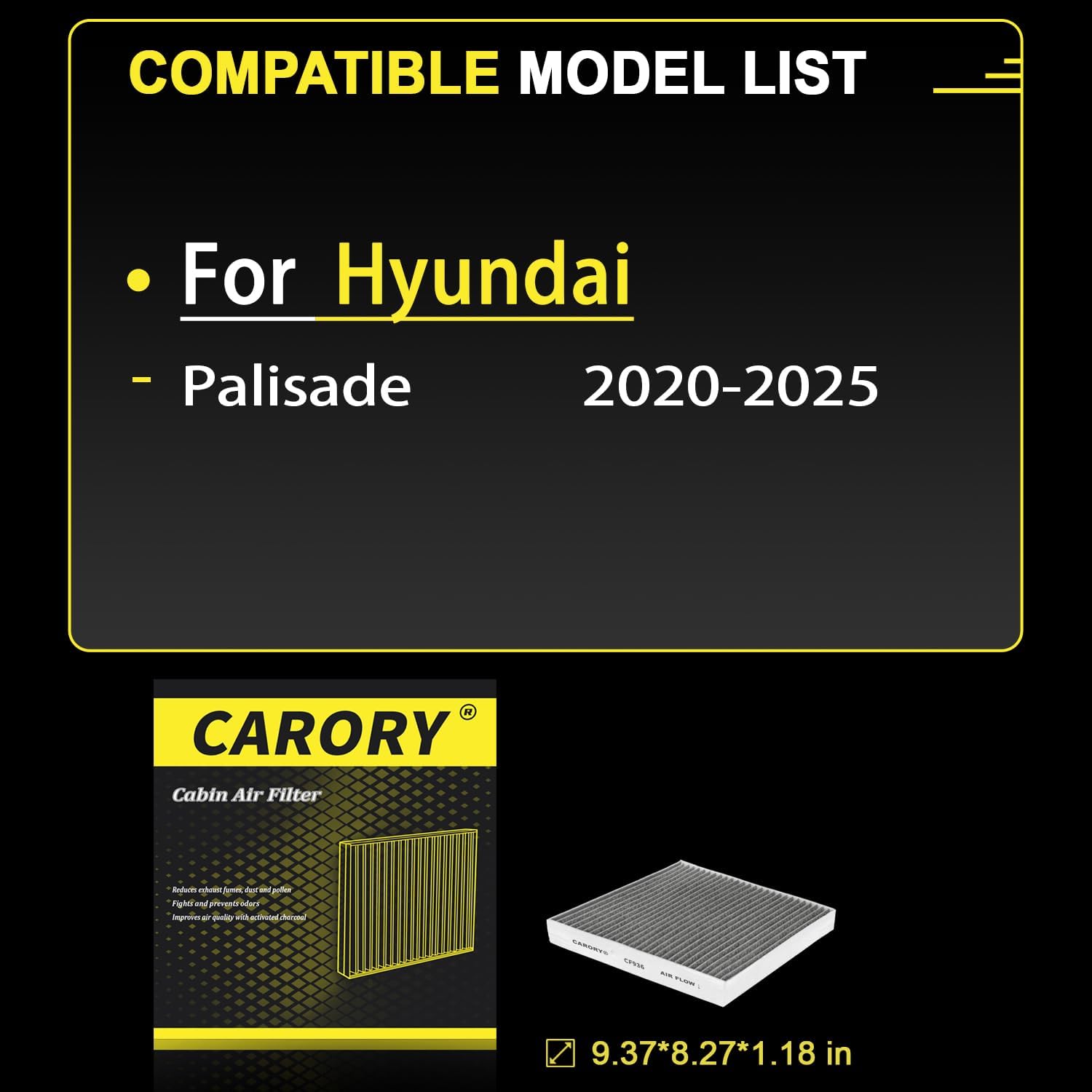 CARORY Cabin Air Filter w/Activated Carbon for Hyundai Palisade 2020 2021 2022 2023 2024 2025, CF12936, 97133-S8000
