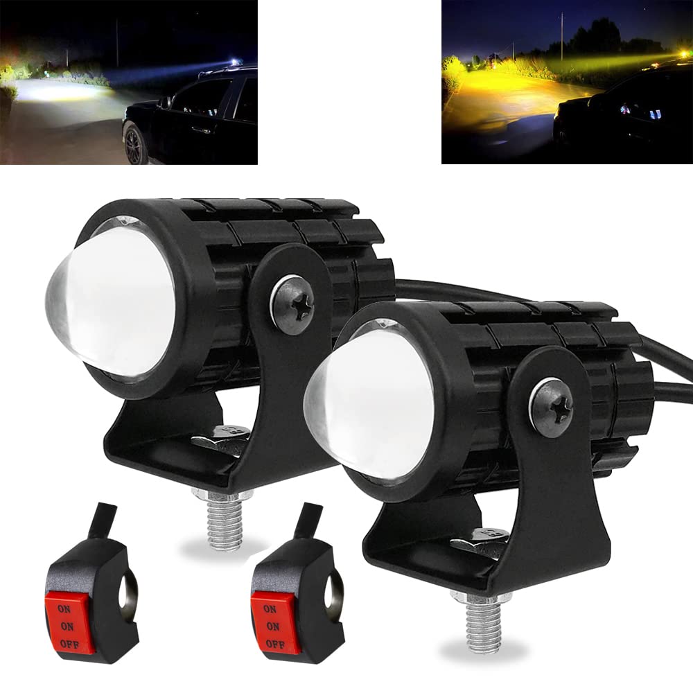 2Pcs Super Bright 24W Led Two-Color White Amber Spotlight + 2Pcs On-On-Off Switch, Waterproof Auxiliary Motorcycle Headlight Fog