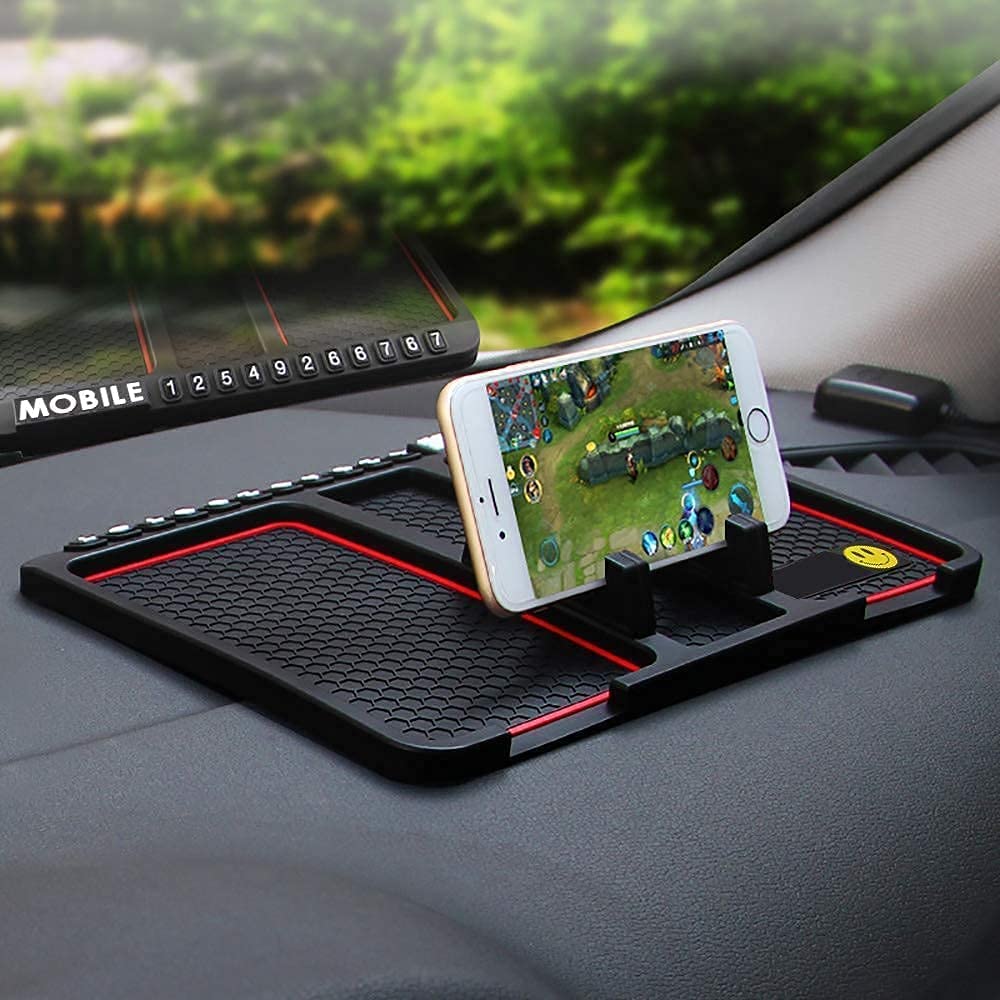 MAHALRAJ AntiSlip Car Dashboard Mat Mobile Phone Holder Navigation Mount Tray for Idols Toys Coins Keys with 360 Degree Rotatin