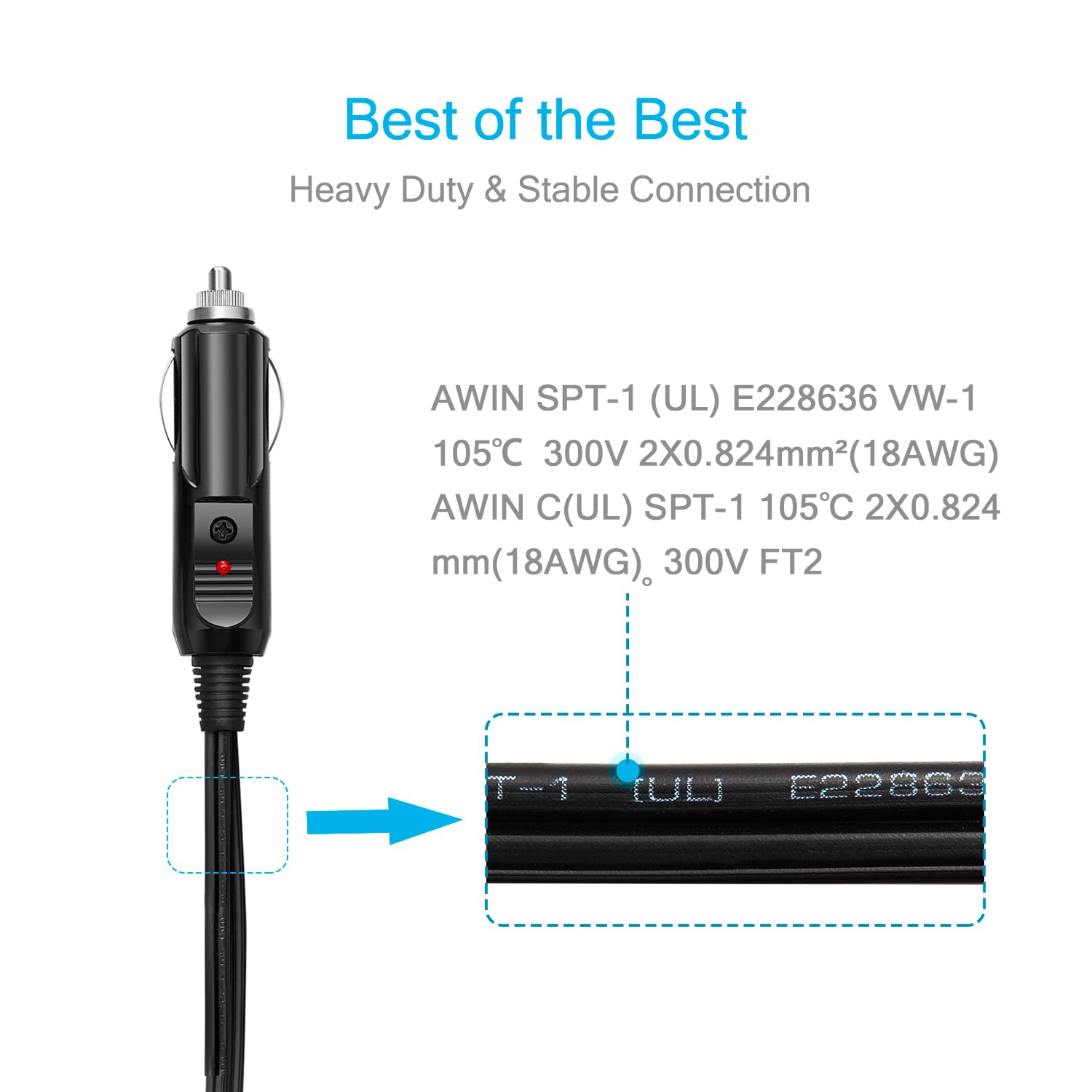 CHANZON 12V/24V 1 to 2 Car Cigarette Lighter Splitter Adapter - 7 inch UL Wire with 15A Fuse - Auto DC Power Supply Extension Co