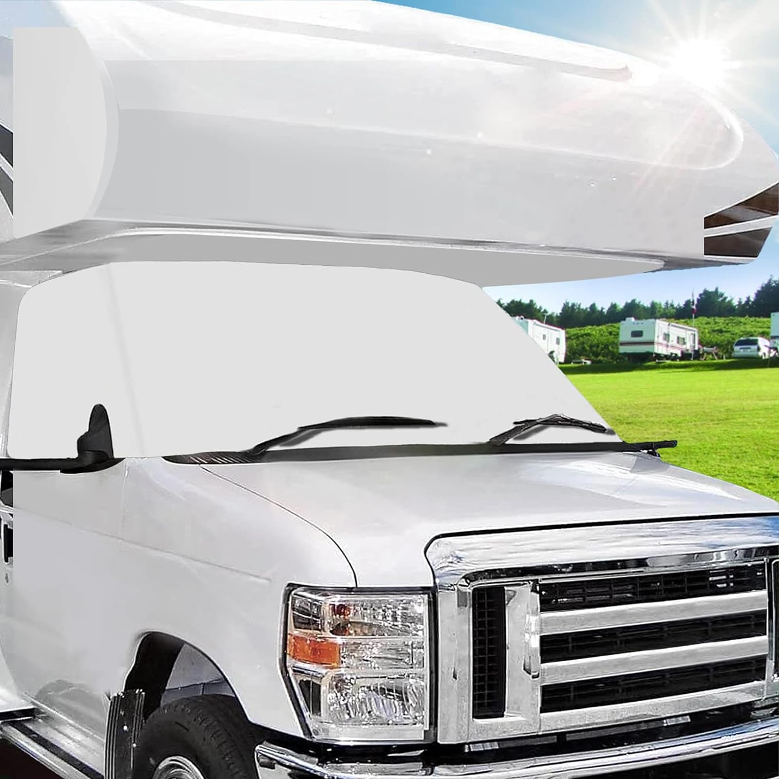 Mofeez Rv Windshield Cover Compatible With Class C Ford 1997-2024, Uv Block Offer Complete Privacy With Light Preserves Interior (White Color With Mirror Cutouts)