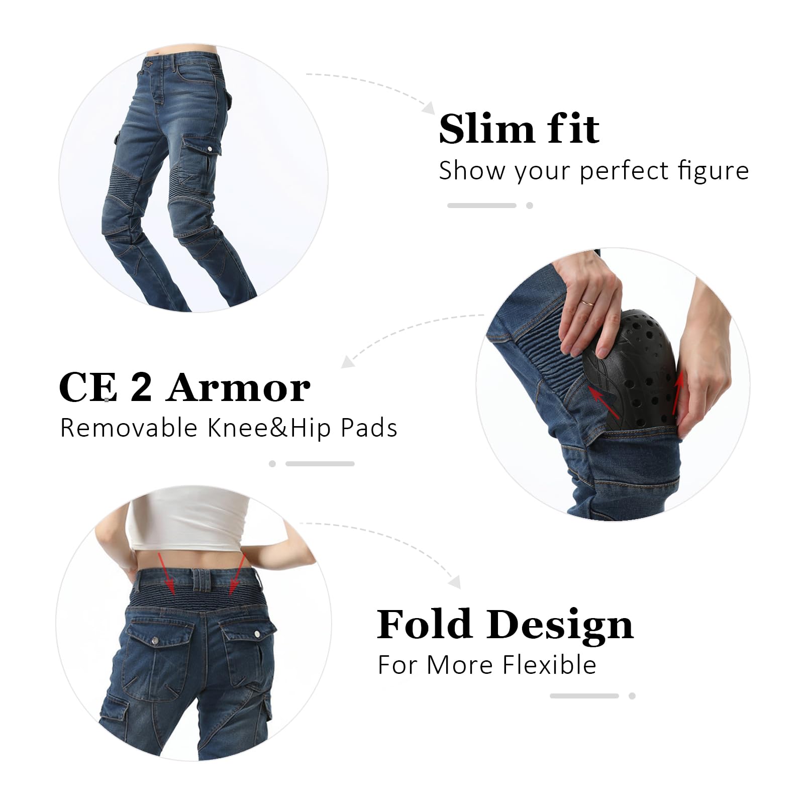 LOMENG Motorcycle Riding Pants Motorcycle Jeans Slim Fit with CE Knee Hip Removable Protectors Armor for Women Blue M 30