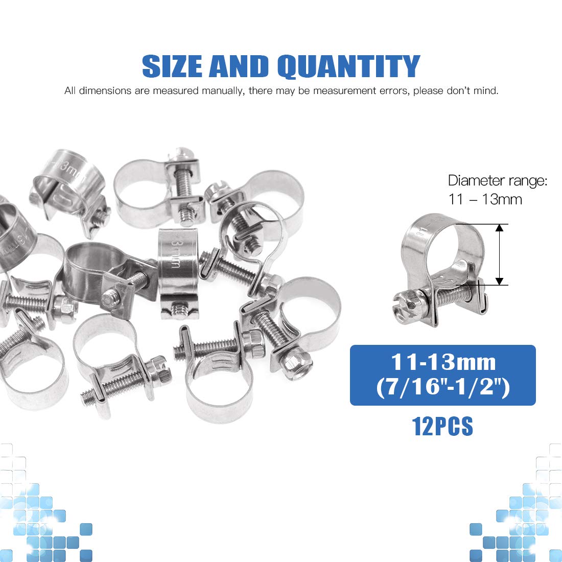 Glarks 12Pack 11-13Mm Stainless Steel Mini Fuel Injection Hose Clamps Adjustable Pipe Hose Clip Tube Clamps Set (7/16''-1/2'' Di