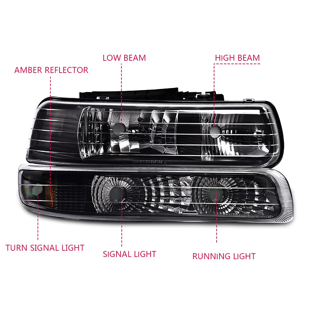 Pit66 Headlight Assembly Compatible With Chevy Silverado 1500 2500 99-02/Fit Silverado 1500Hd 2500Hd 3500 01-02/Fit 00-06 Tahoe