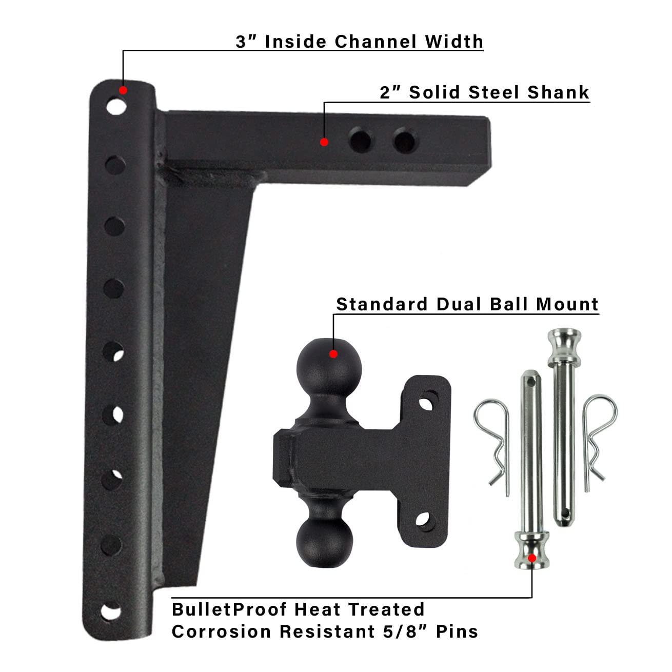 Bulletproof Hitches - 2.0' Adjustable Heavy Duty Trailer Hitch (22,000 Lb. Rating) - 10' Drop/Rise Trailer Hitch With 2' & 2-5/16' Dual Ball - Powder Coat, Solid Steel, Corrosion-Resistant