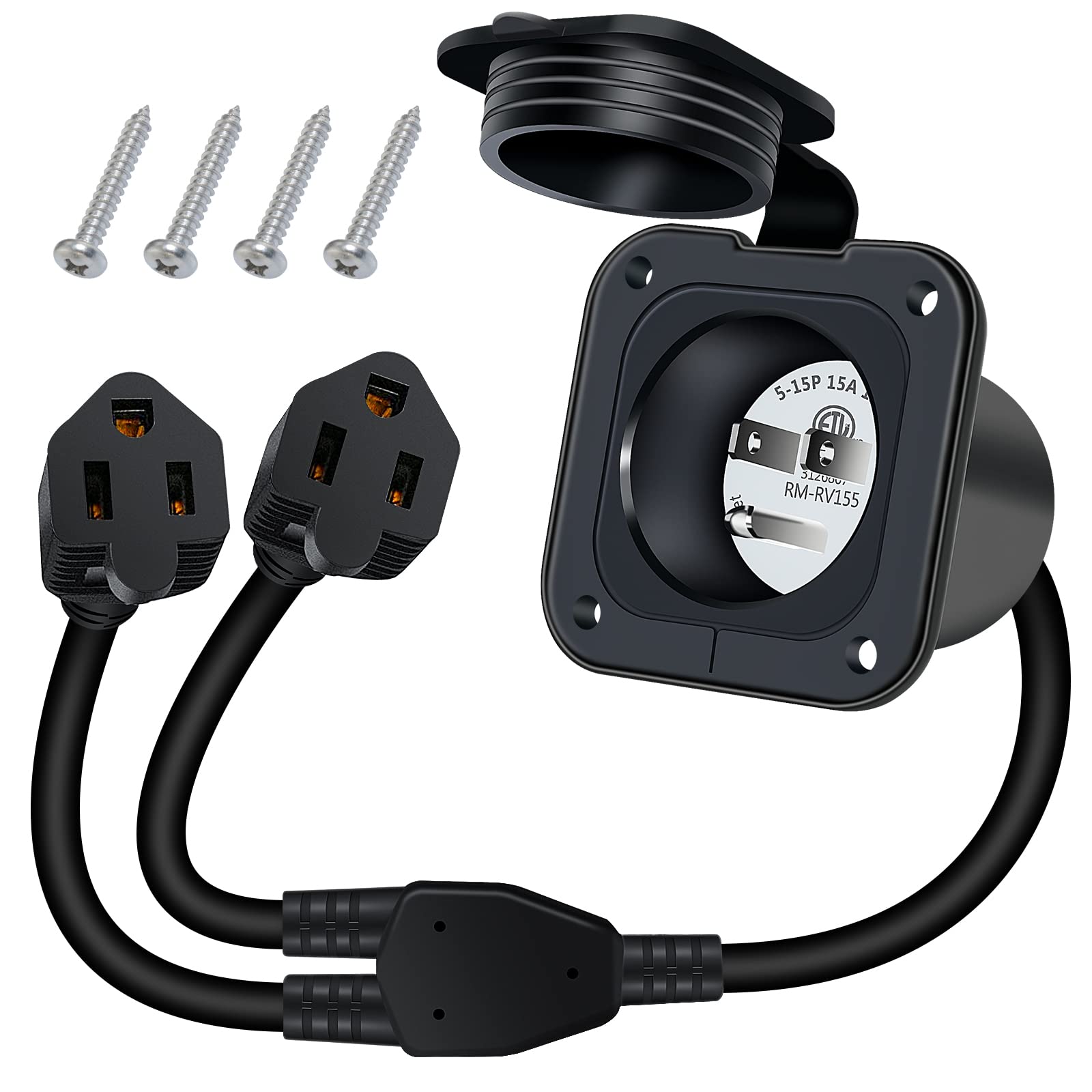 15 Amp Rv Shore Power Inlet, Eilxmag 125V Flanged Inlet Power Inlet Port Plug Nema 5-15P Rv Outlet With Integrated Dual 18'' Cor