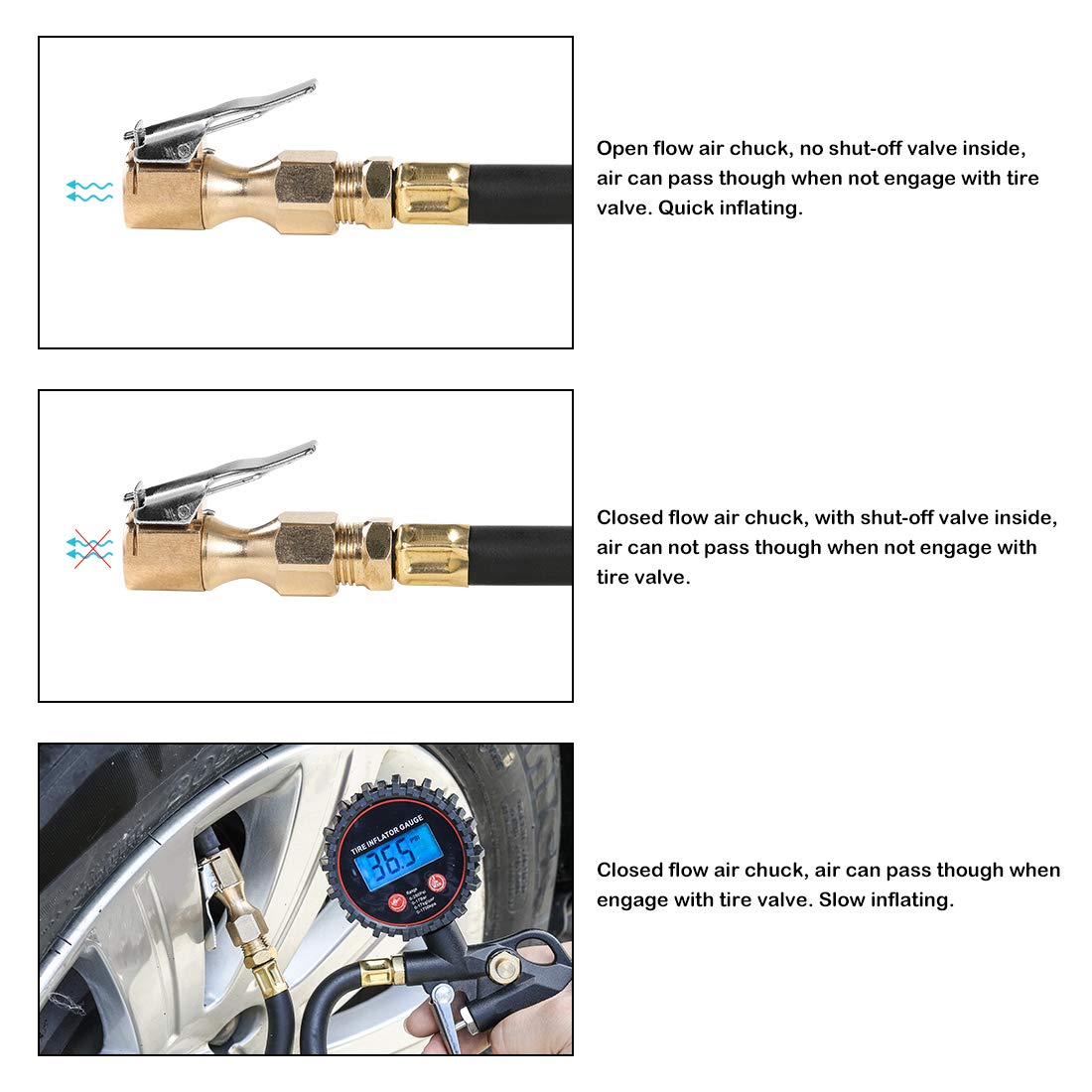 Czc Auto Heavy Duty Brass Air Chuck, Open Flow Straight Tire Chuck With Lock-On Clip, 1/4 Fnpt Tyre Chuck For Tire Inflator Pressure Gauge Air Pump Compressor Accessories, 2 Pack