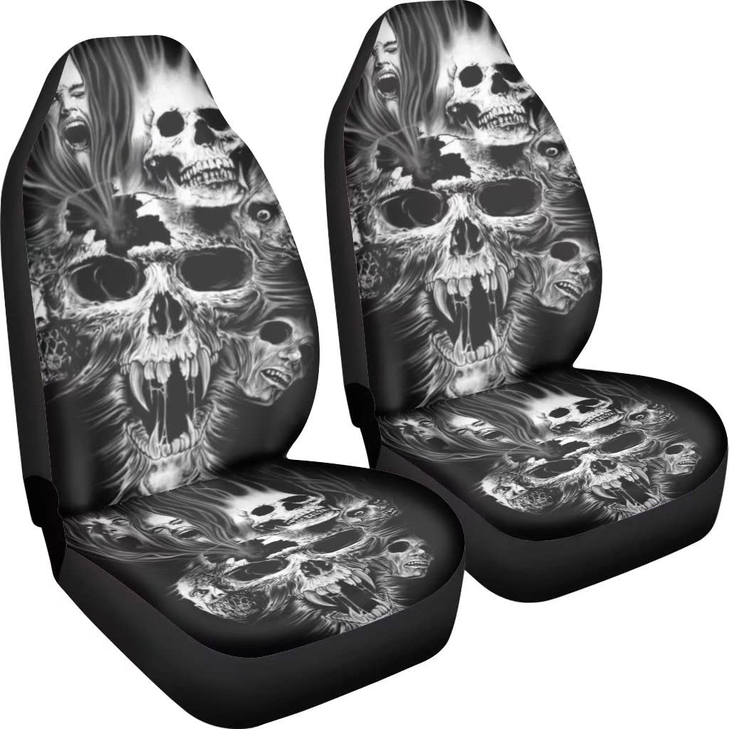 Dellukee Auto Front Car Seat Covers Seats 2 PCS Skull Print Universal Bucket Interior Accessories Decoration fits Most Cars, SUV