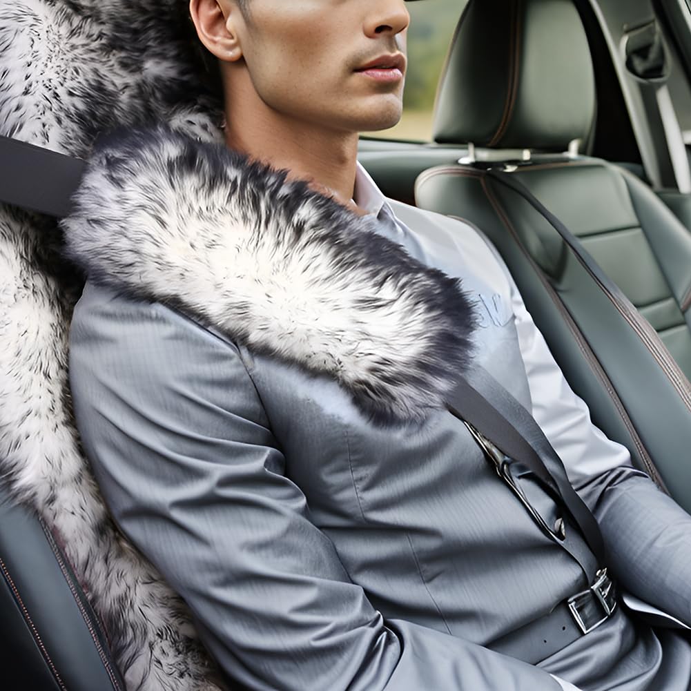 Long Wool Sheepskin Seat Belt Covers, Seatbelt Pads For Adults Kids Women Dogs Universal Car 2 Pack (Wolf Tipped)