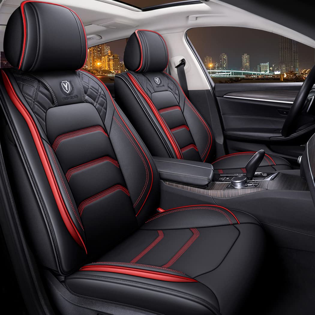 Yxqyoeoso Comfortable Leather Auto Car Seat Covers 5 Seats Full Set Universal Fit(Black & Red)