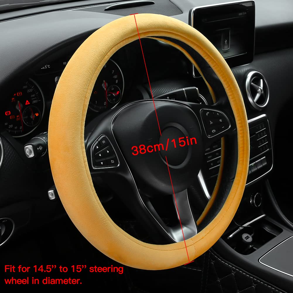 Otostar Soft Velvet Steering Wheel Cover, Universal Luxury Steering Wheel Protector Car Interior Accessories 15 Inch (Yellow)