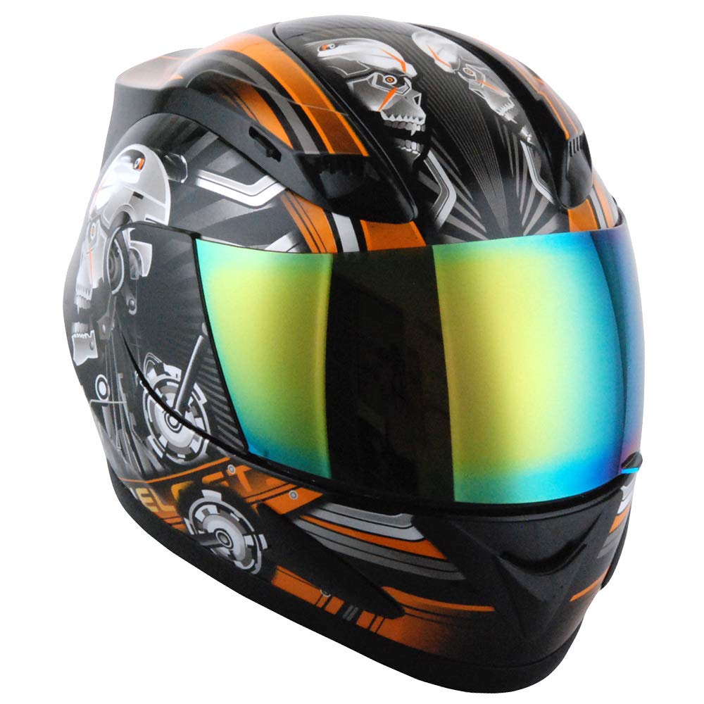 1Storm Motorcycle Bike Full Face Helmet Mechanic + Motorcycle Bluetooth Headset: Skull Orange