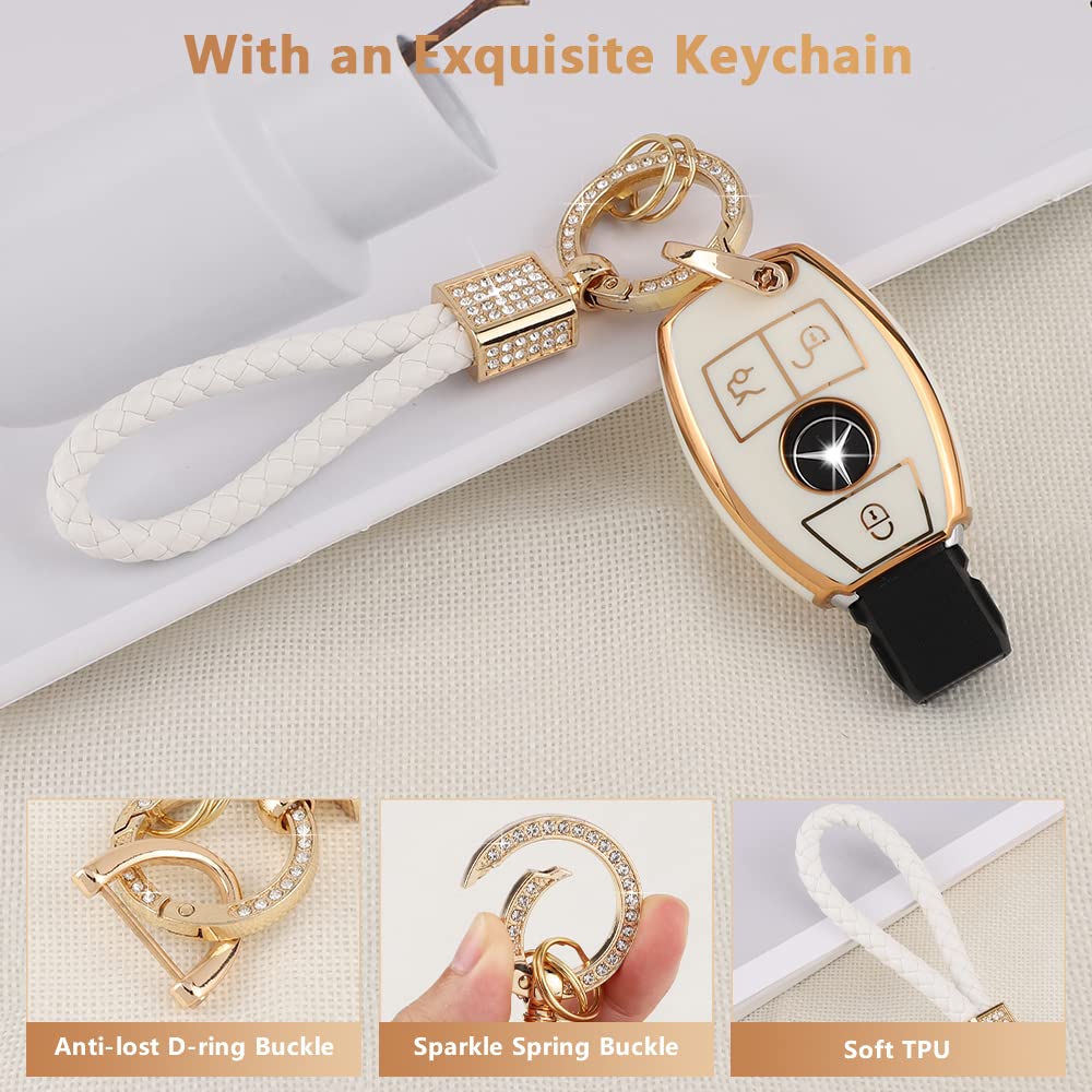 Pifoog For Mercedes Key Fob Cover Tpu Key Case Soft Car Keys Protector Fit Mercedes Benz Amg C E M S Cls Cla Glk Gla Glc Gle Smart Remote Key Keychain Girly Women White Gold