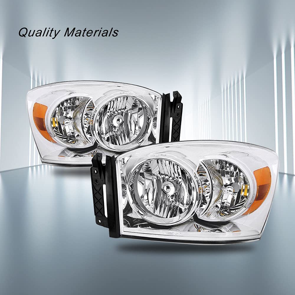 Sockir Headlight Assembly Compatible With 06 07 08 Dodge Ram 1500/06 07 08 09 Ram 2500 3500 Pickup Passenger And Driver Side, Chrome Housing & Amber Reflector