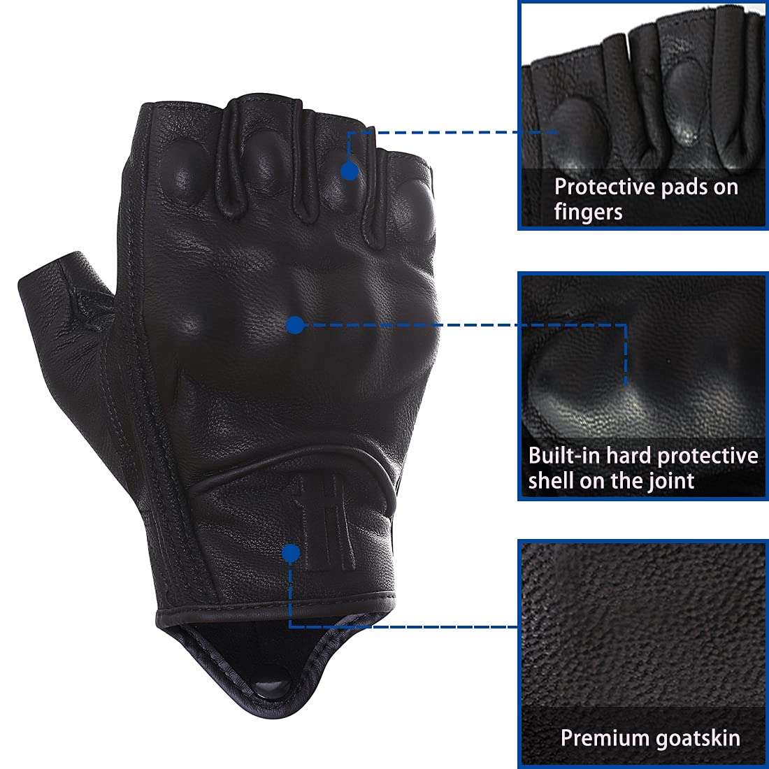 Harssidanzar Mens Half Finger Goatskin Leather Motorcycle Gloves Gm037, Black, Size Xs