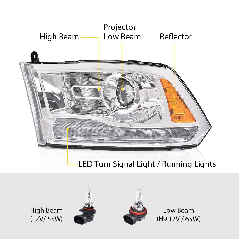Cheda Led Bar Plank Style Headlights Assembly Headlamp W/Bulbs Compatible With 2013-2018 Dodge Ram 1500 2500 3500 Pair Head Lamp