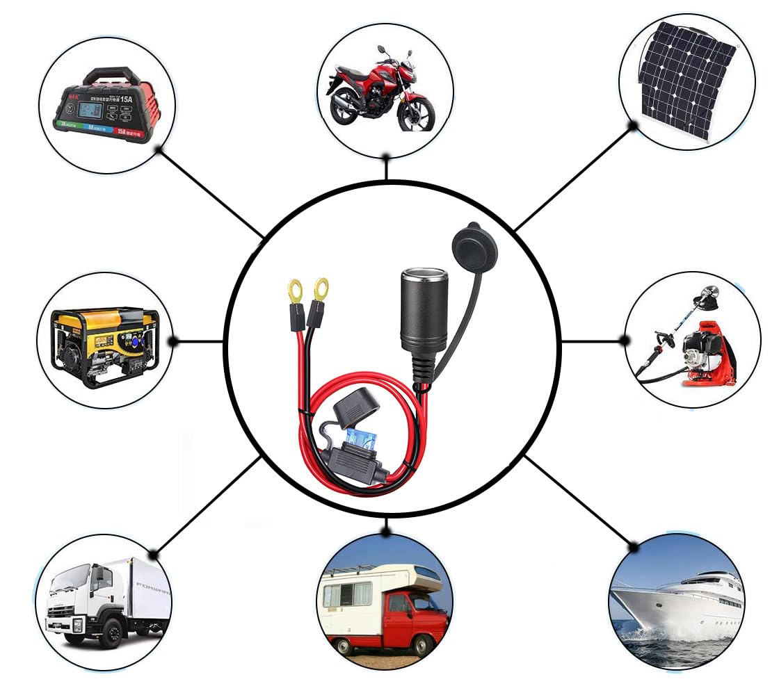 2FT 12V Female Socket Battery Eyelet Ring Terminal 12volt Extension Cord Outlet Adapter Plug Power Supply Car Electrical Dc Char