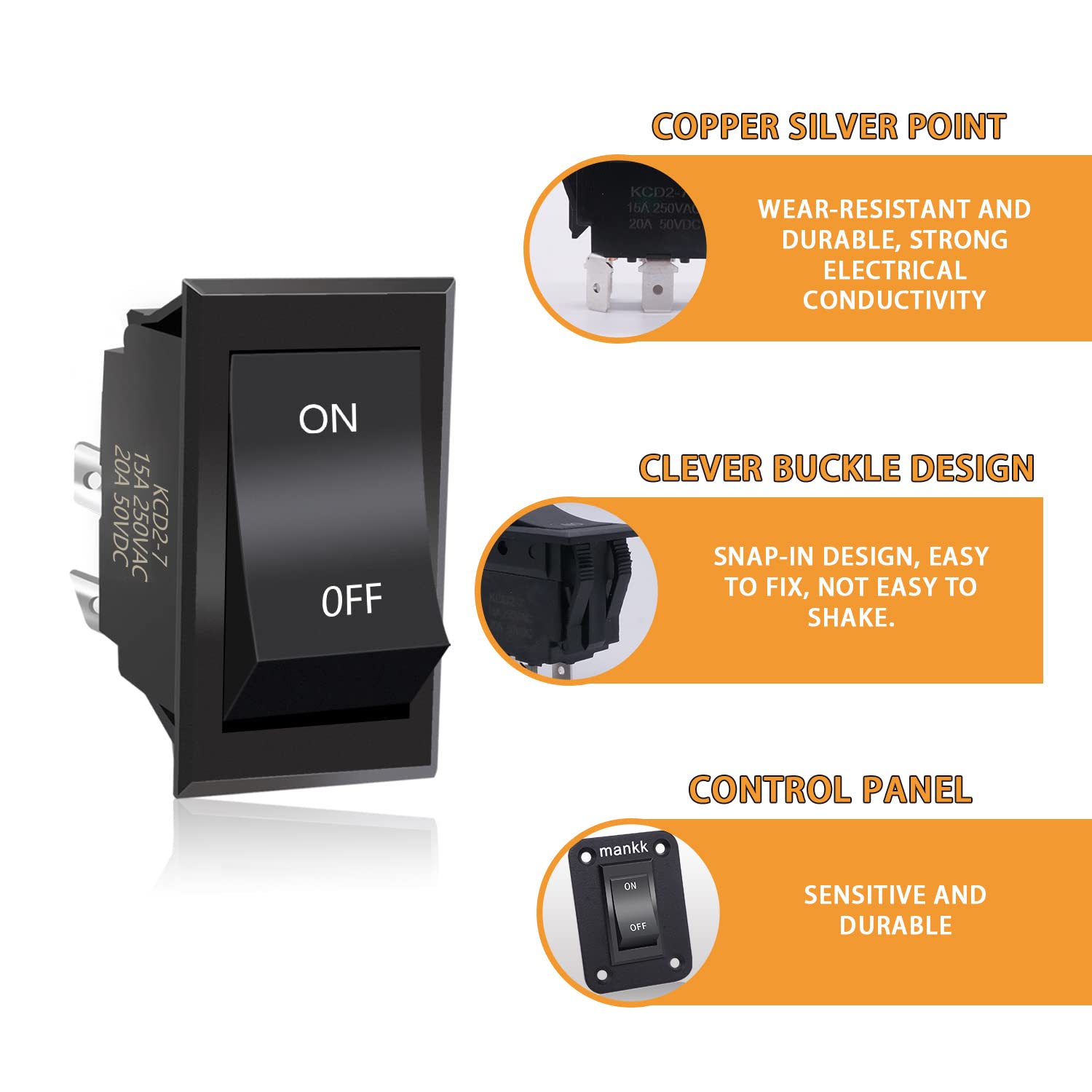 Mankk On-Off Switch 12V 20A 4 Pins Dpst Rocker Switch Panel Rv Light Switch For Rv Trailers Camper Boats Kcd2-7-201-B1-Dz