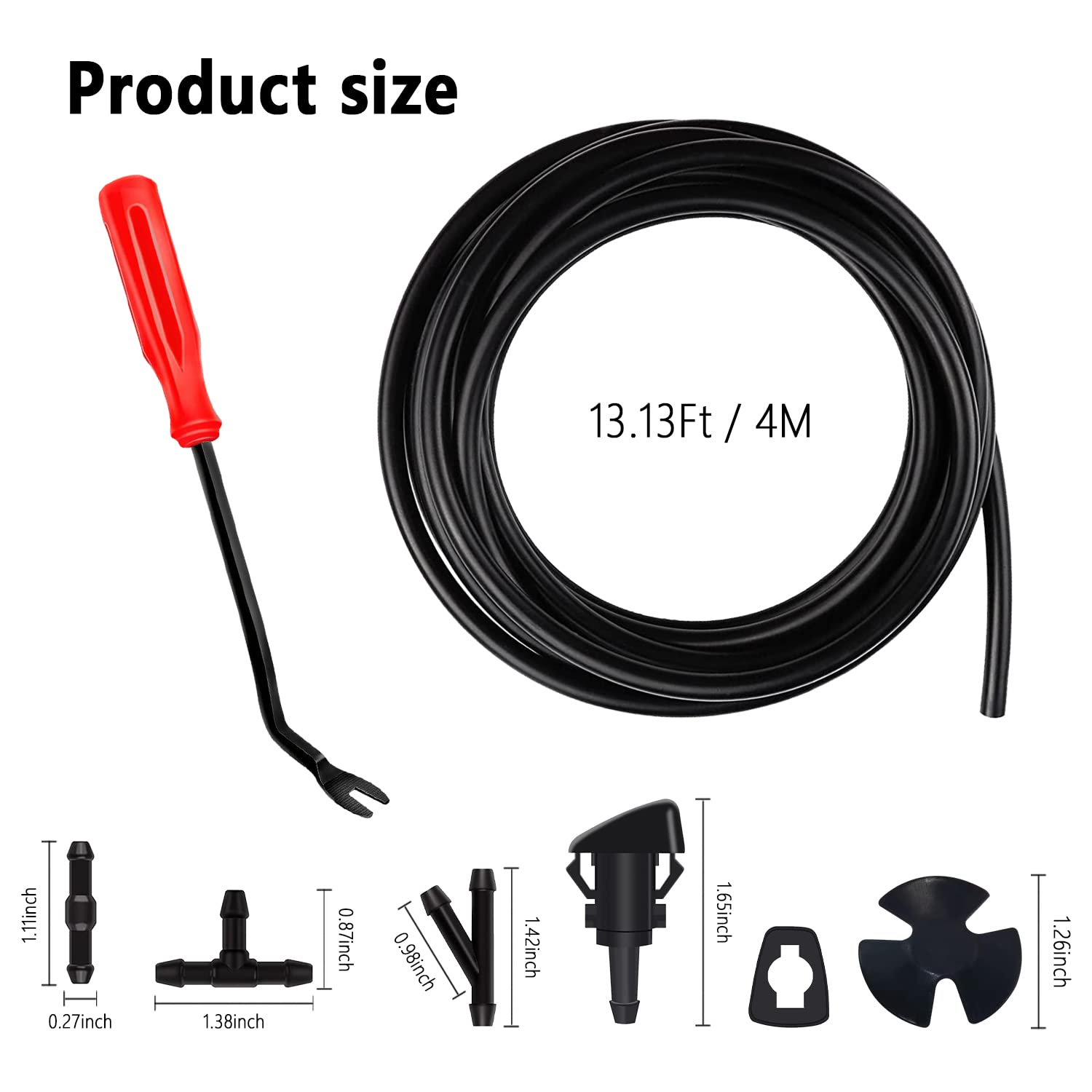 Windshield Washer Nozzles Hose Kit-4M Washer Fluid Hose,3 Pcs Hose Connectors,10 Hood Insulation Retainers,Washer Spray Nozzle O