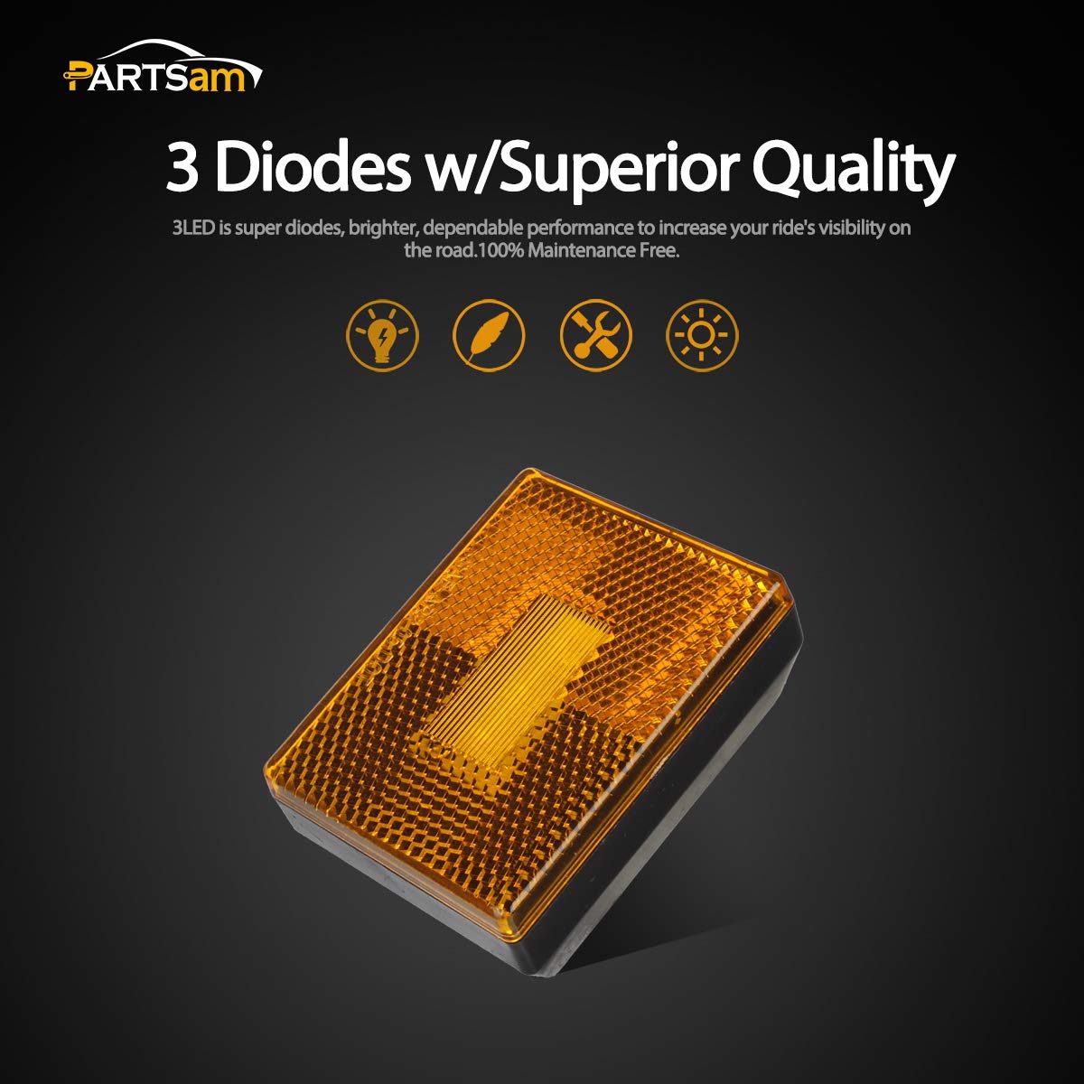 Partsam 4Pcs Amber Square Clearance Side Marker Light Trailer Rv W Reflex Reflector, 2-4/5'' Rectangular Amber Stud-Mount Led Ma