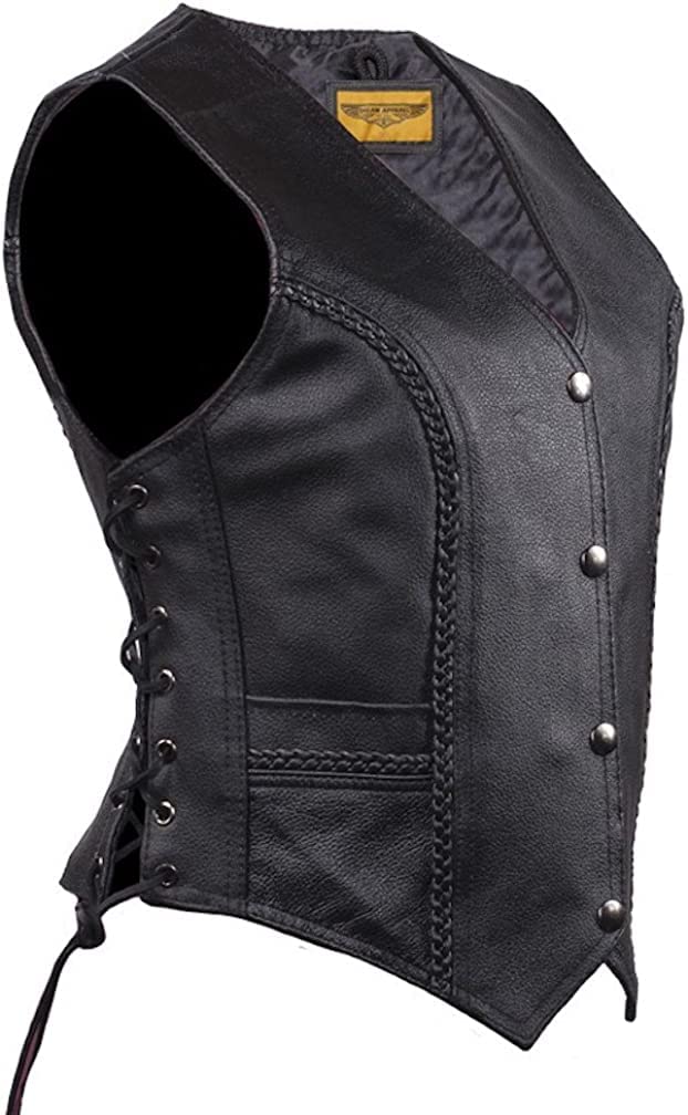 Womens Black Leather Motorcycle Vest With Braid On Front And Back Side Laces (As1, Alpha, 4X_L, Regular, Regular)