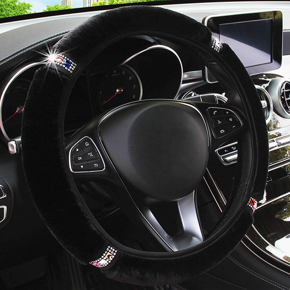 Labbyway Steering Wheel Cover For Winter Warm, Fluffy Pure Australia Sheepskin Wool, With Bling Bling Crystal Rhinestones For Wo