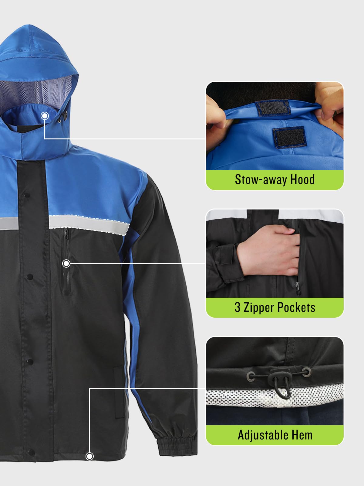 Saphirose Men'S Rain Suit High Visibility Reflective Work Rain Jacket Pants For All Sport Farm Fishing Motorcycle (Black/Royal-B
