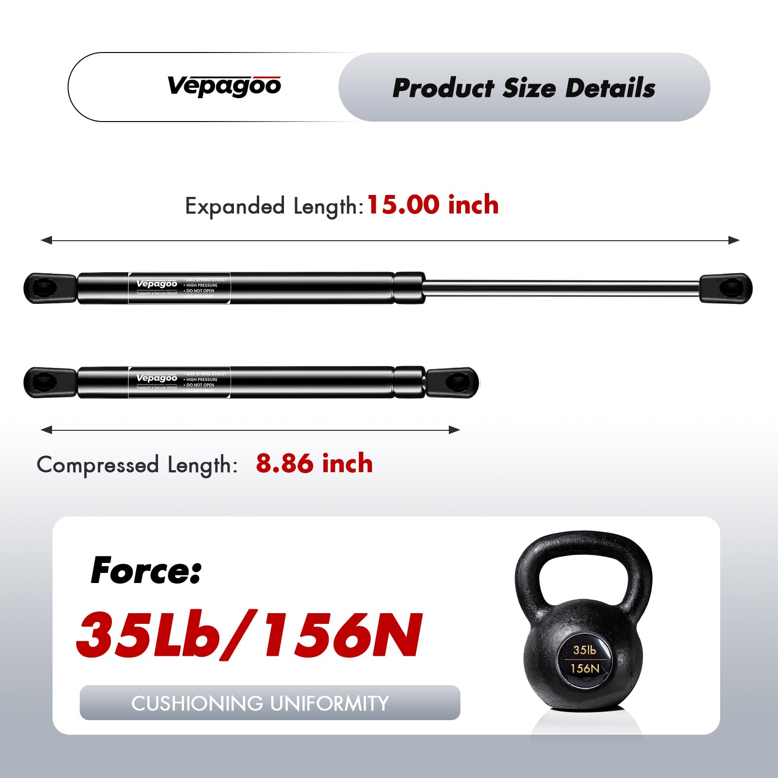 Vepagoo C1608491 15 Inch 35Lb/156N Gas Shocks Struts Lift Support For Are Leer Snugtop Camper Shell Topper Rear Window, Truck Ca