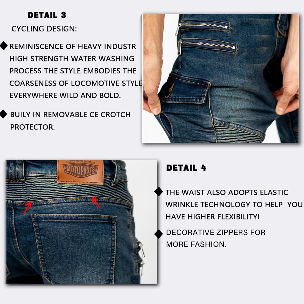 LOMENG Motorcycle Riding Pants Motorbike Motocross Cycling Jeans Safety CE Knee Hip Removable Armored All Seasons for Men Blue 2