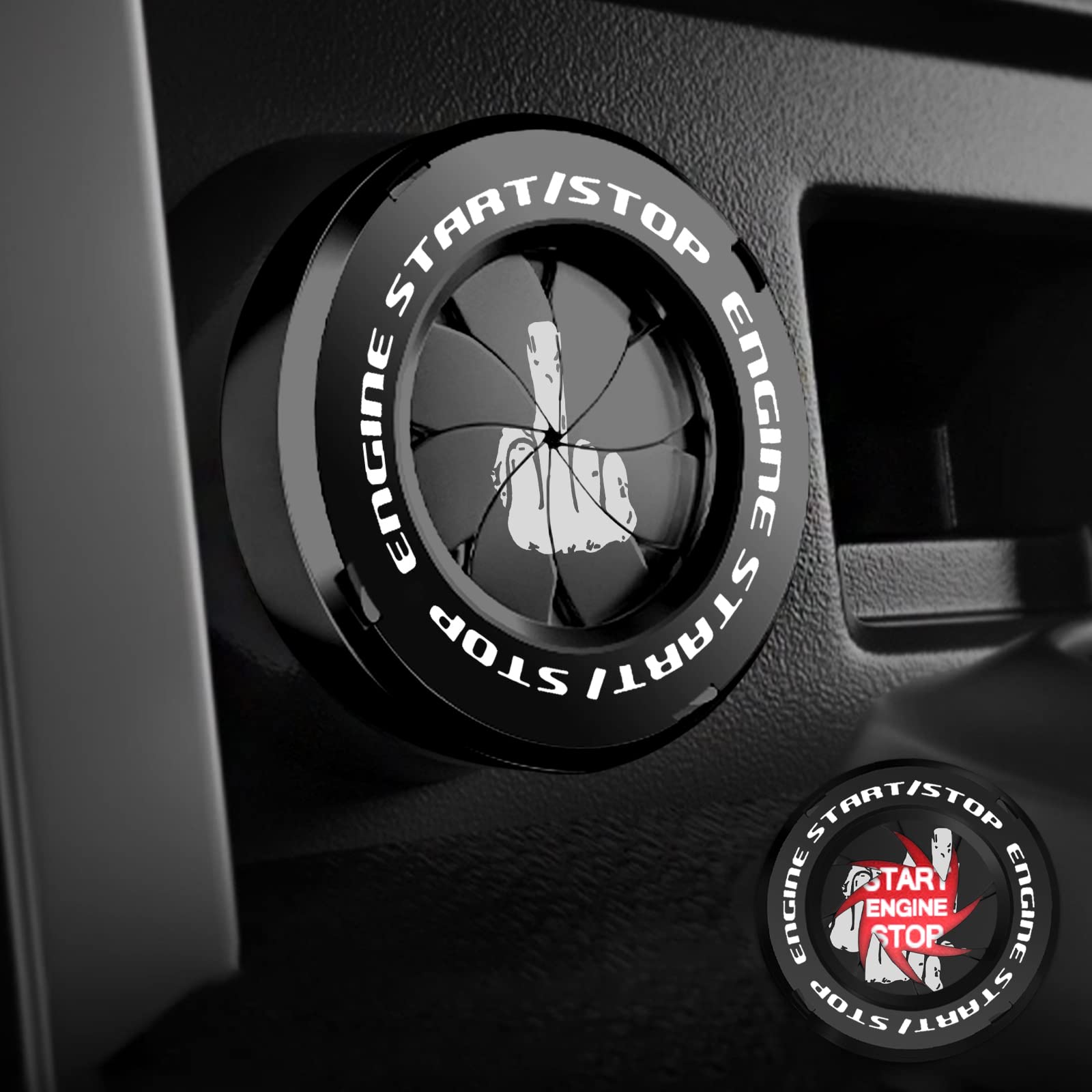 Tybasthe Rotary Push Start Button Cover, Middle Finger Car Accessories Engine Start Stop Button Cover, Car Stickers Interior Decor, Motorcycle Ignition Key Switch Cover, Black