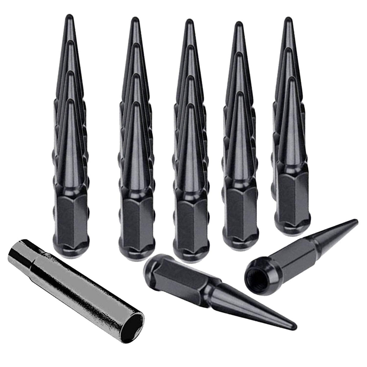 12X1.25 Lug Nuts Spiked 20 Pcs Black Solid Steel Wheel Lug Nuts With 1 Installation Key