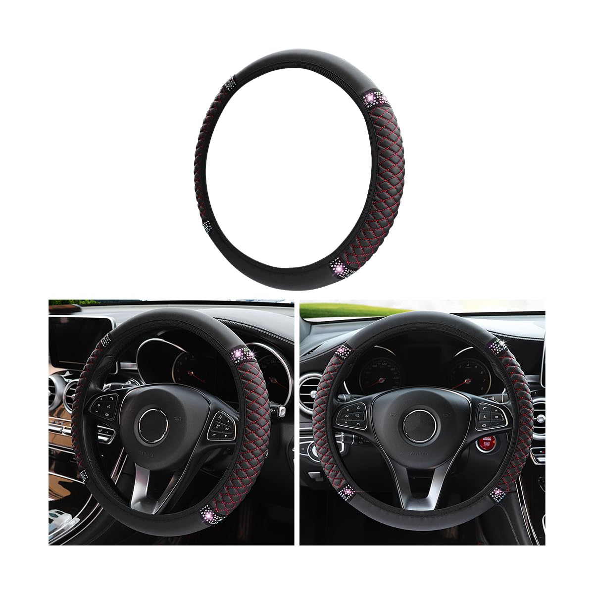 Bling Soft Leather Steering Wheel Cover, 15 Inch Colorful Rhinestones Auto Elastic Steering Wheel Protector, Sparkly Crystal Diamond For Women Girls, Car Interior Accessories For Most Cars (Black/Red)