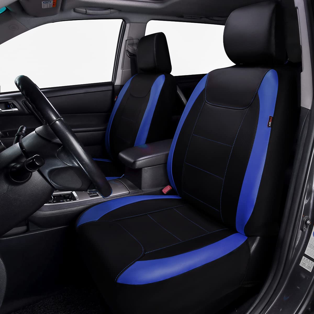 Flying Banner Car Seat Covers Protects Water Proof Faux Leather Carbon Fiber Front And Rear Bench (Blue Black, Full Set - 9Pcs)