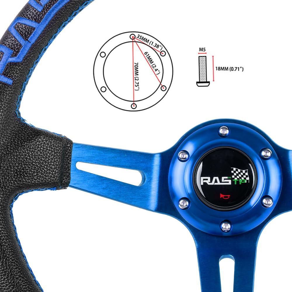 Rastp Universal Racing Steering Wheel,Deep Dish Steering Wheel Leather Embroidery 13.58”/345Mm 6 Bolts With Horn Button Include Cable, Wrench,Blue