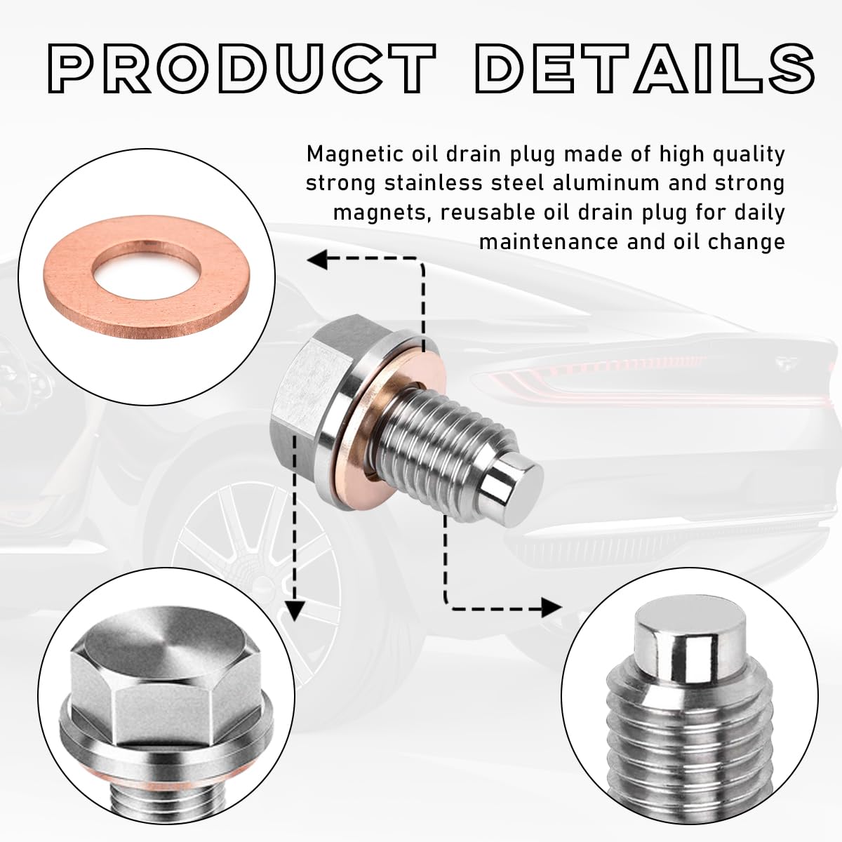 Dickno M12  1.75 Magnetic Oil Drain Plug, Aluminum Stainless Steel Sump Drain Nut Bolt with 5 Copper Crush Washer, Universal Lea
