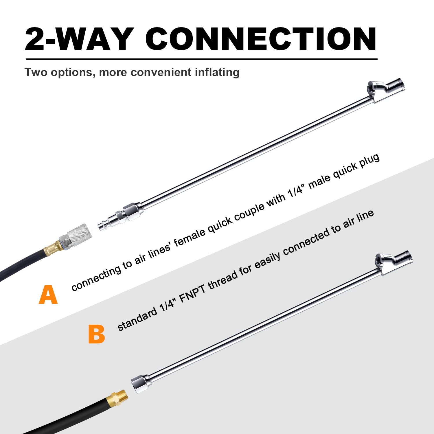 LUMITECO 2-Way Connection 13.8'' Extended Air Chuck Set, 1/4 in FNPT Straight Foot Dual Head Tire Inflate Chuck with Standard Qu