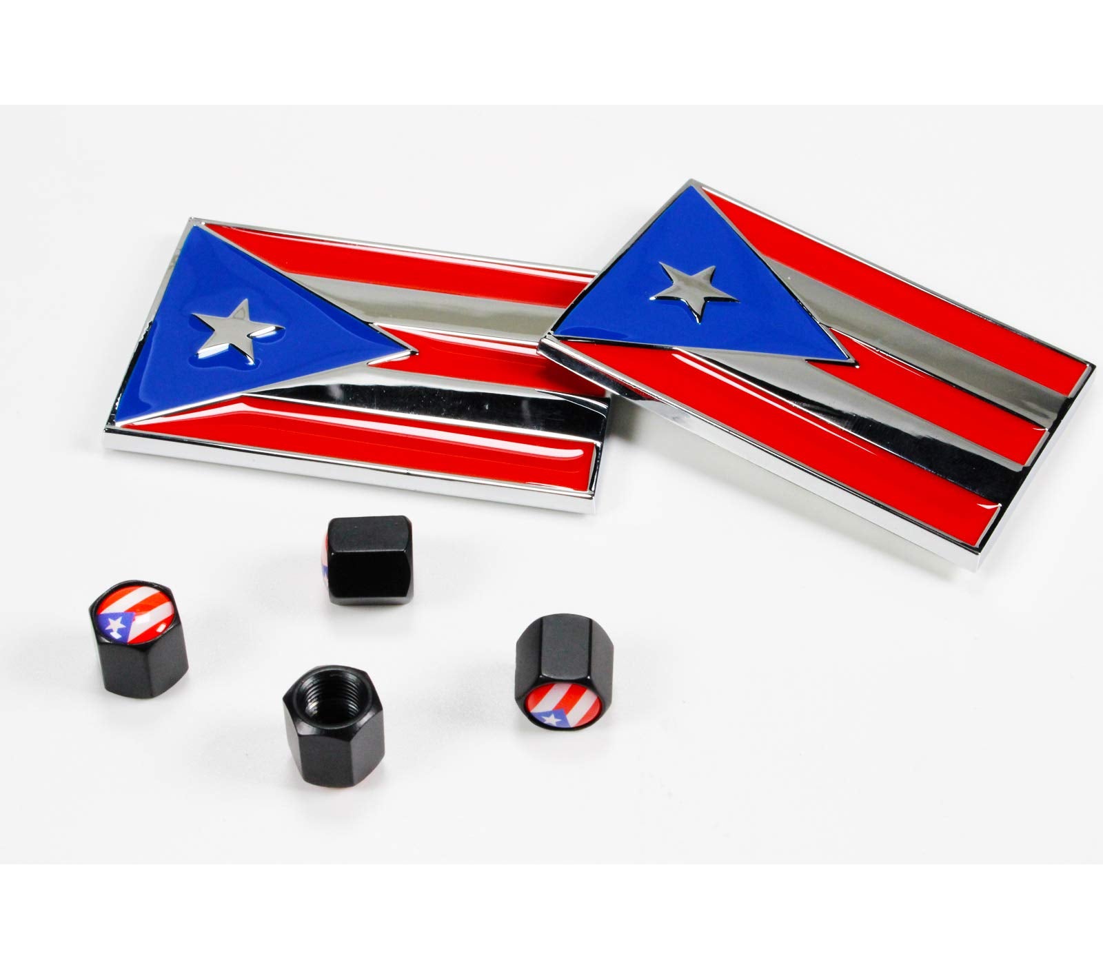 Dsycar 2 Pack Puerto Rico Flag Emblems Embossed Chrome Metal Flag Auto Emblem For Car Decorations Accessories - Gifts 4 Free Puerto Rico Flag Valve Stem Caps (Puerto Rico Flag)