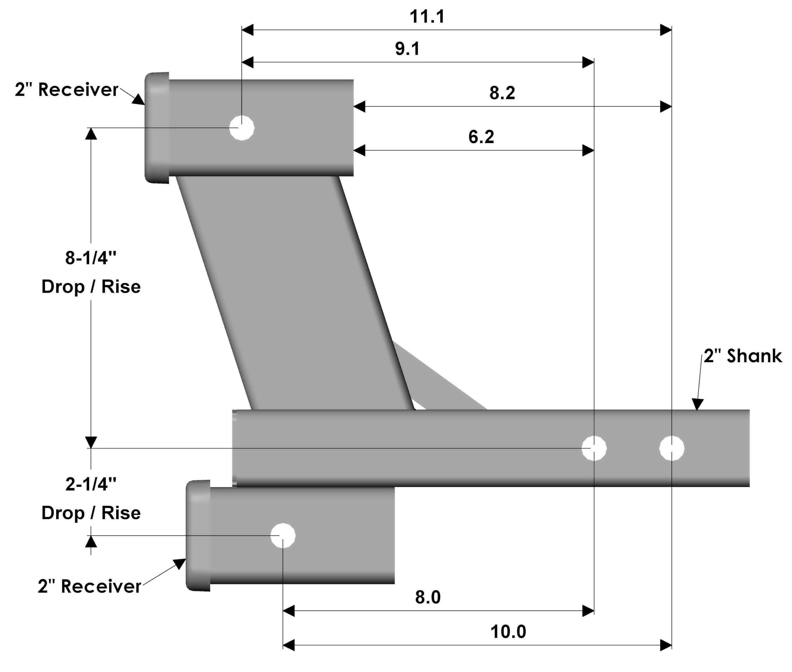 Toptow 64086 Trailer Dual Hitch Extender, 2-1/4-Inch & 8-1/4-Inch Rise/Drop, 2'' Receiver, 2-Inch Shank, 7500Lbs Capacity