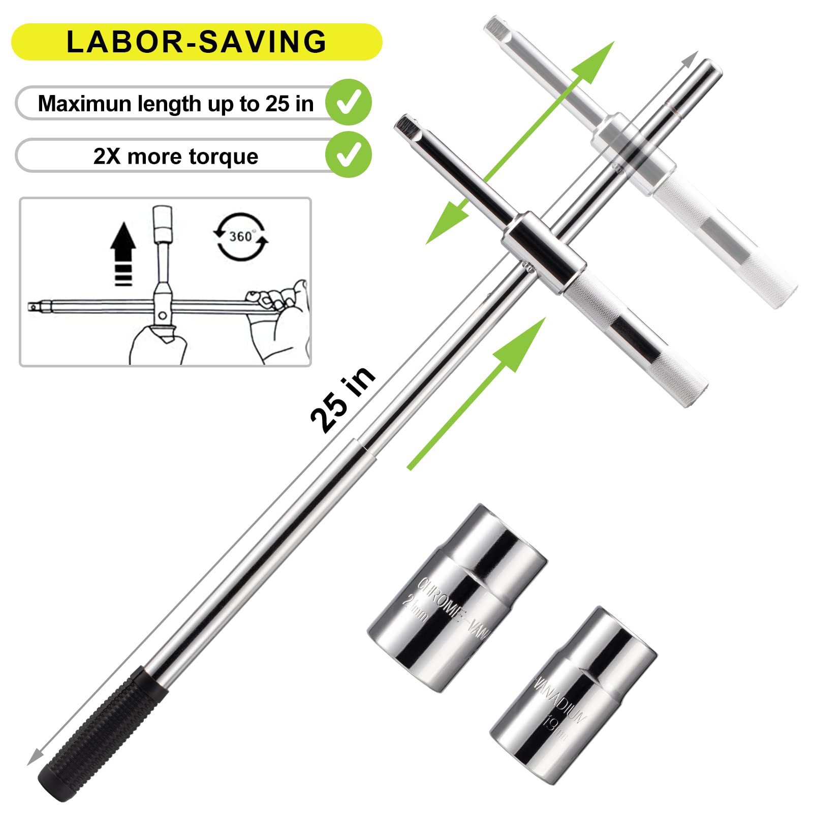 Spurtar Extended Lug Wrench Lug Nut Wrench, 4 Way Lug Wrench Tire Iron Lug Wrench, Lug Nut Remover 1/2 Drive With 17/19Mm And 21
