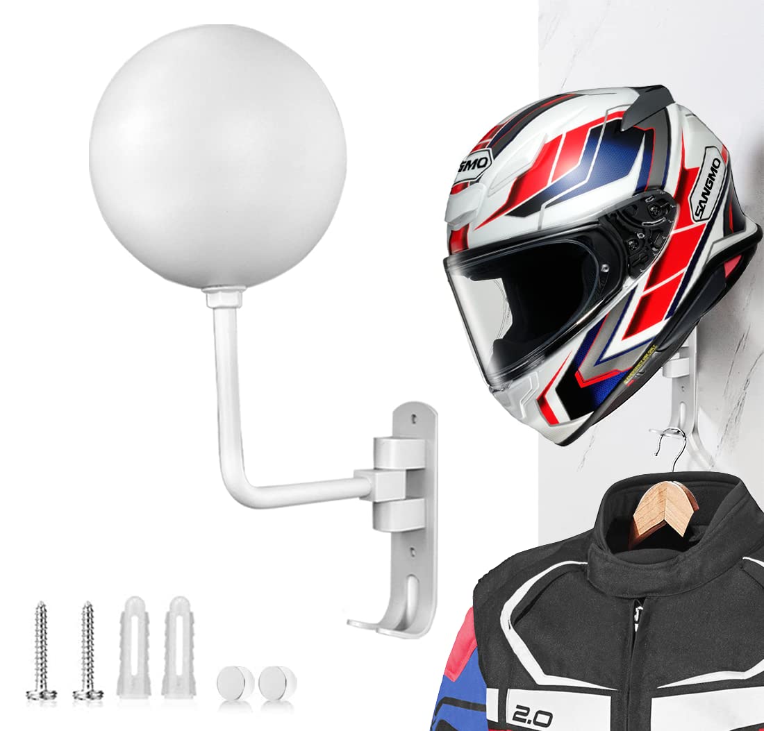 Snagmo White 180° Motorcycle Helmet Rack, Rotation Metal Helmet Holder Wall Mounted Helmet Rack Motorcycle With 2 Hooks Helmet Hanger For Motorcycle Bike Coats, Caps, Baseballs, Rugby Helmet