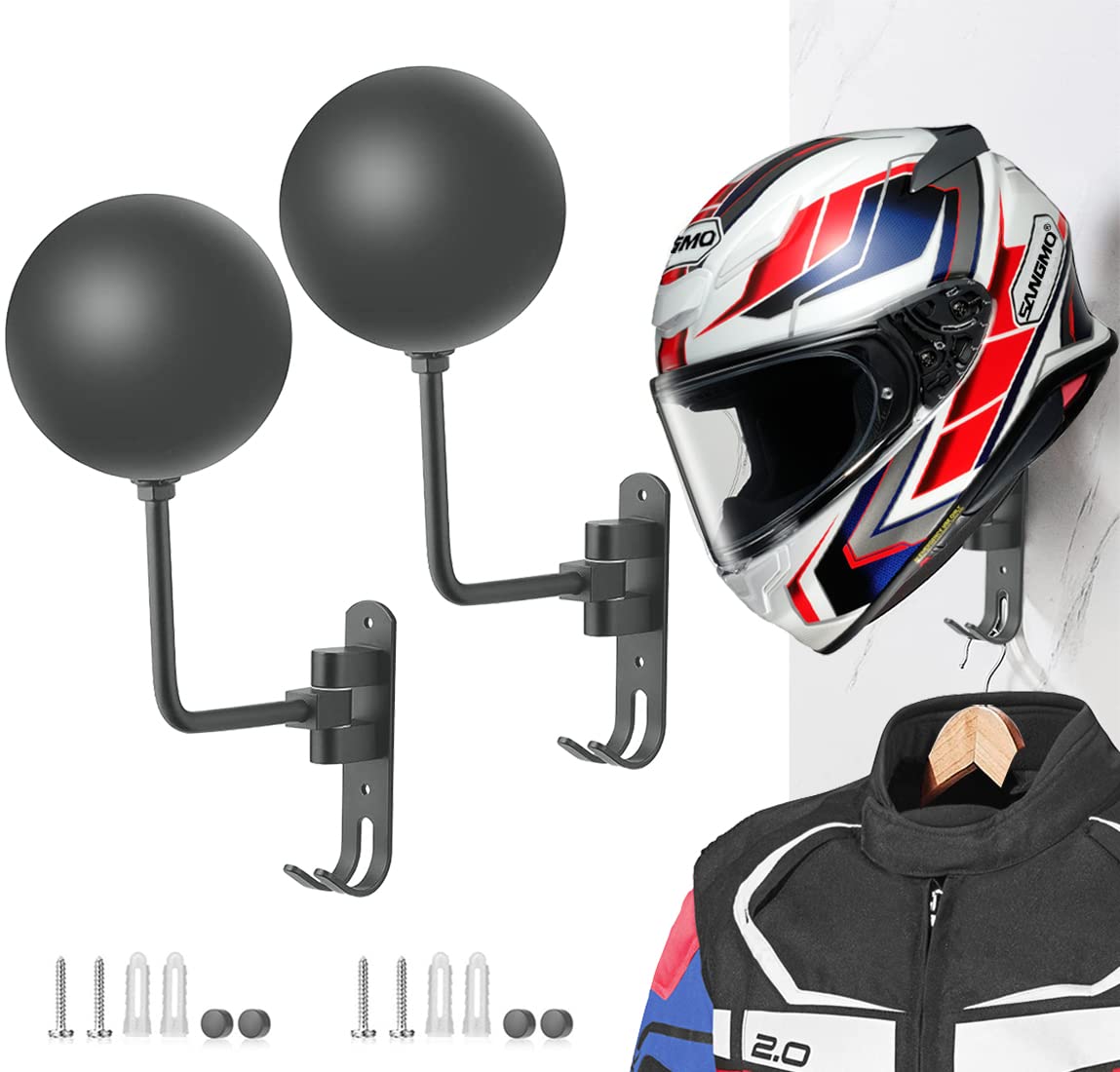 Sangmo Grey 180 Motorcycle Helmet Rack, Rotation Metal Wall Mounted Holder With 2 Hooks For Bike Coats, Caps, Baseballs (2 Pcs)