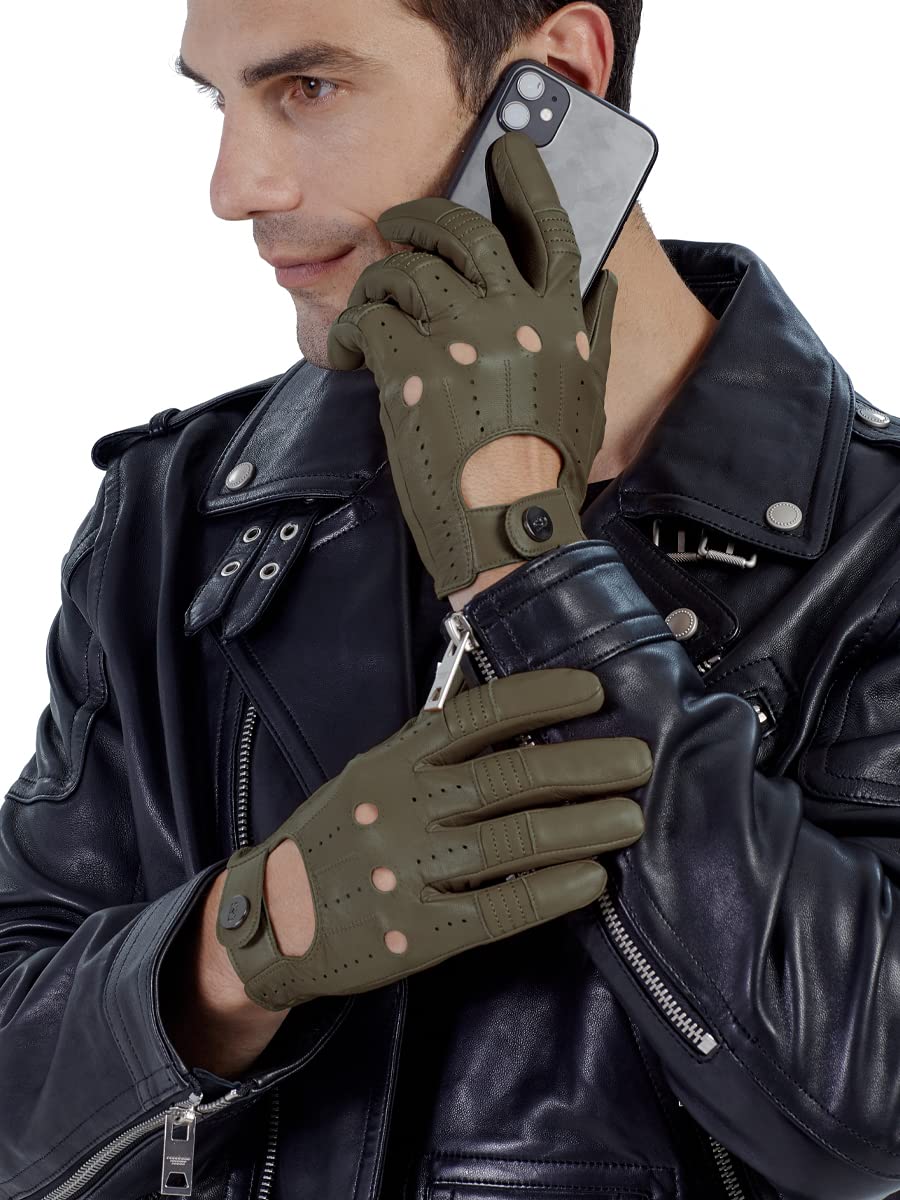 Gsg Men Genuine Leather Gloves Army Green Unlined Biking Touchscreen Driving Gloves Large,Army Green Palm Hole