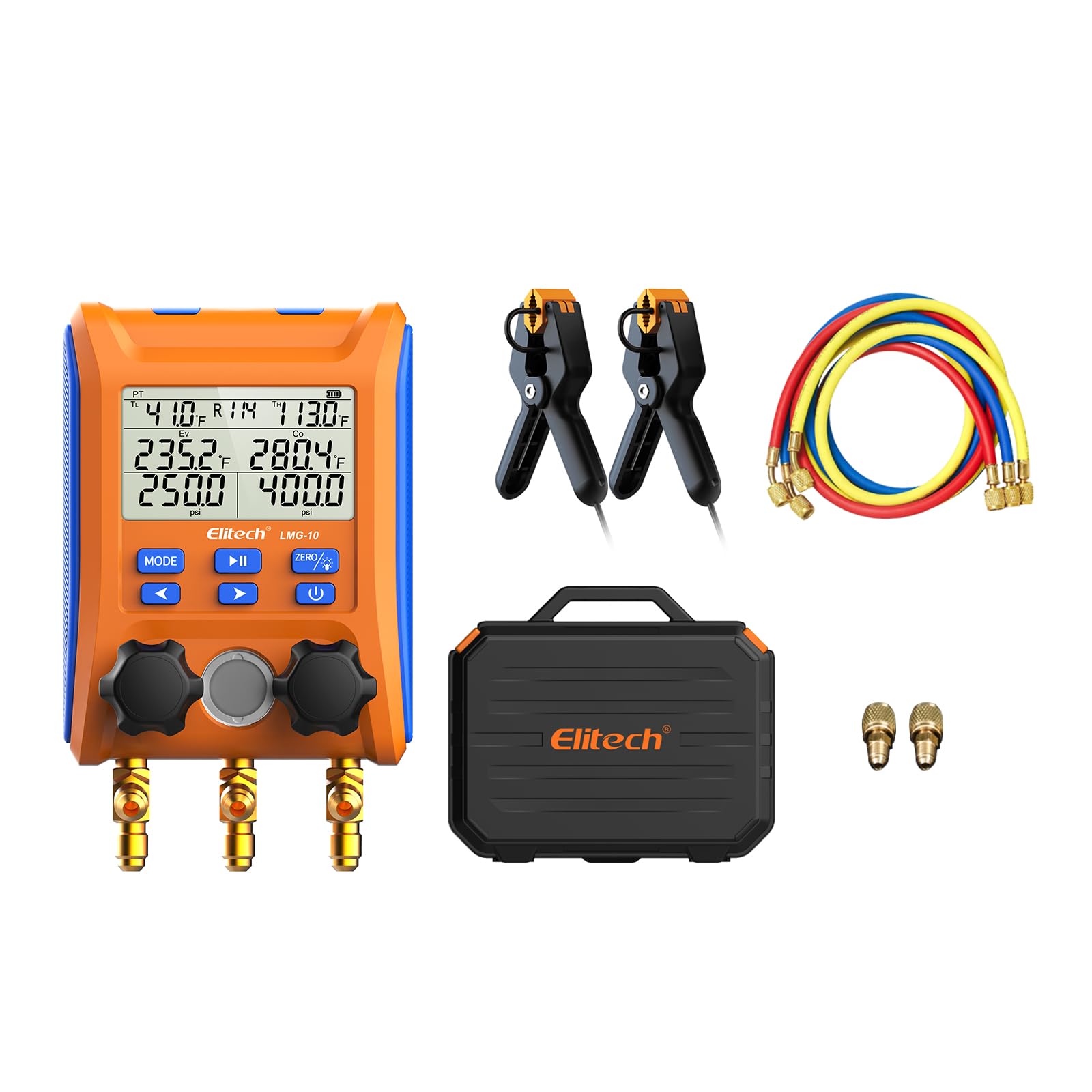 Elitech Digital Manifold Gauge 2-Way Valve with Thermometer Clamps for HVAC Systems, LMG-10Plus