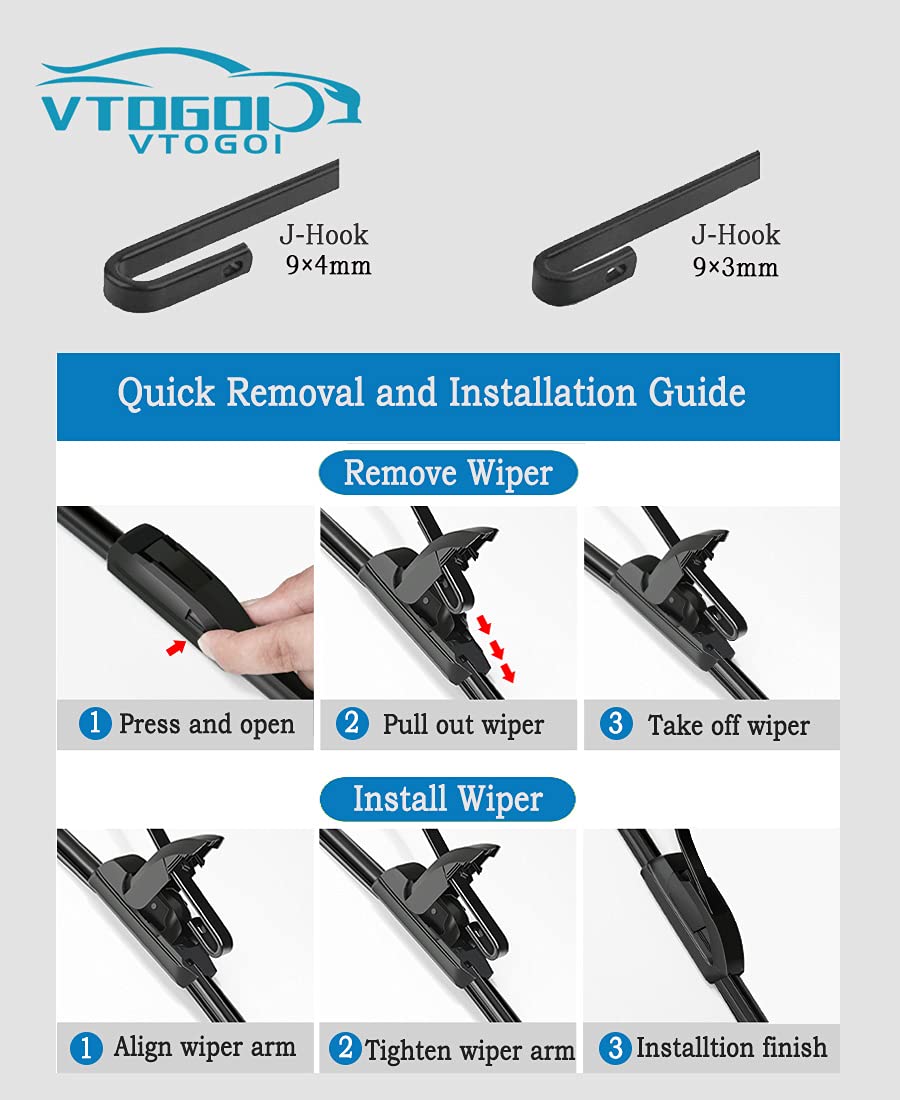 Vtogoi Oem Quality 26''+22'' Premium All-Season Auto Windshield Natural Rubber J-Hook Wiper Blades(Pack Of 2)