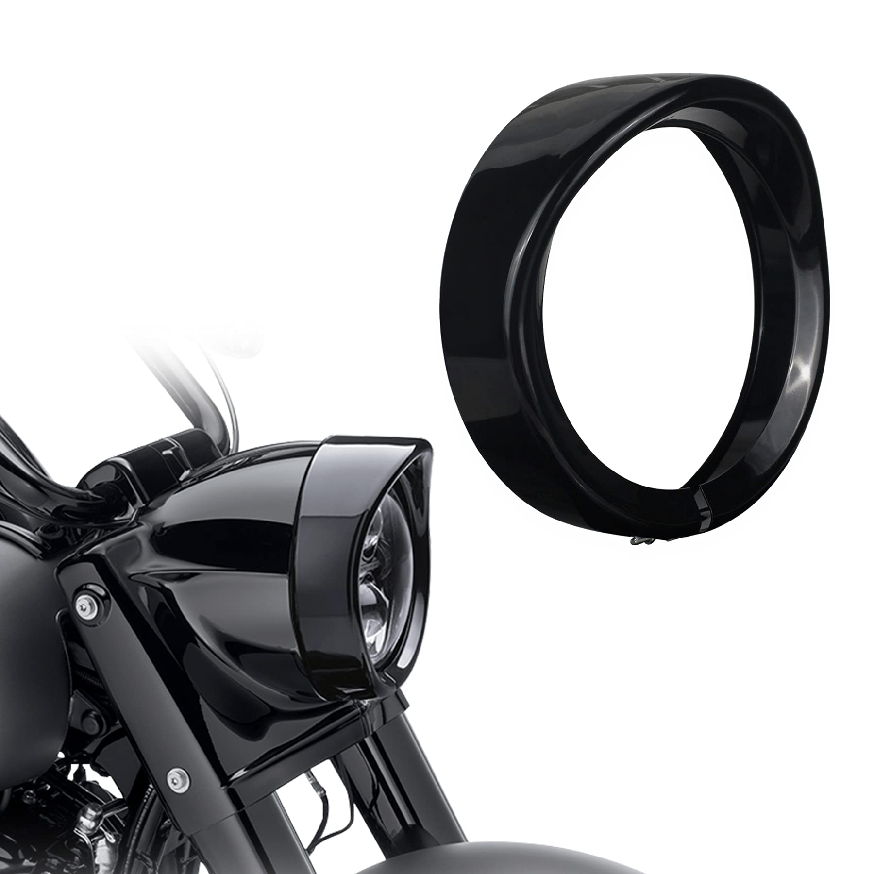 Nthreeauto 7 Headlight Visor Trim Ring Gloss Black Motorcycle Headlamp Frenched Rings Decorate Accessories Compatible With Harley Road King Electra Glide Heritage Softail Touring (Gloss Black)